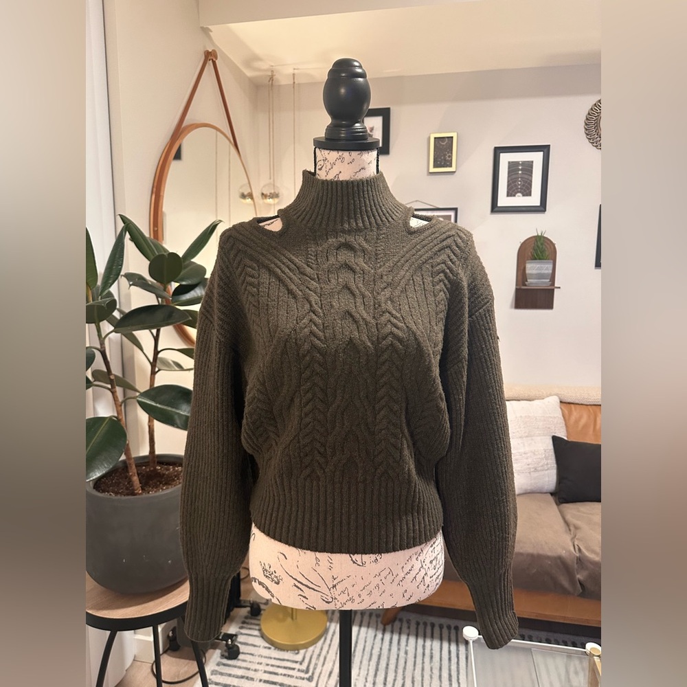 NWT Express Olive Green Cable Knit Sweater with Shoulder Cutouts - Size XS